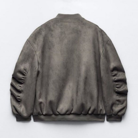 New Zara Oversized Suede Gray Bomber Jacket NWT Medium - Picture 9 of 16